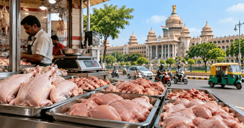 Fresh chicken displayed at a Bengaluru poultry market with Vidhana Soudha in the background