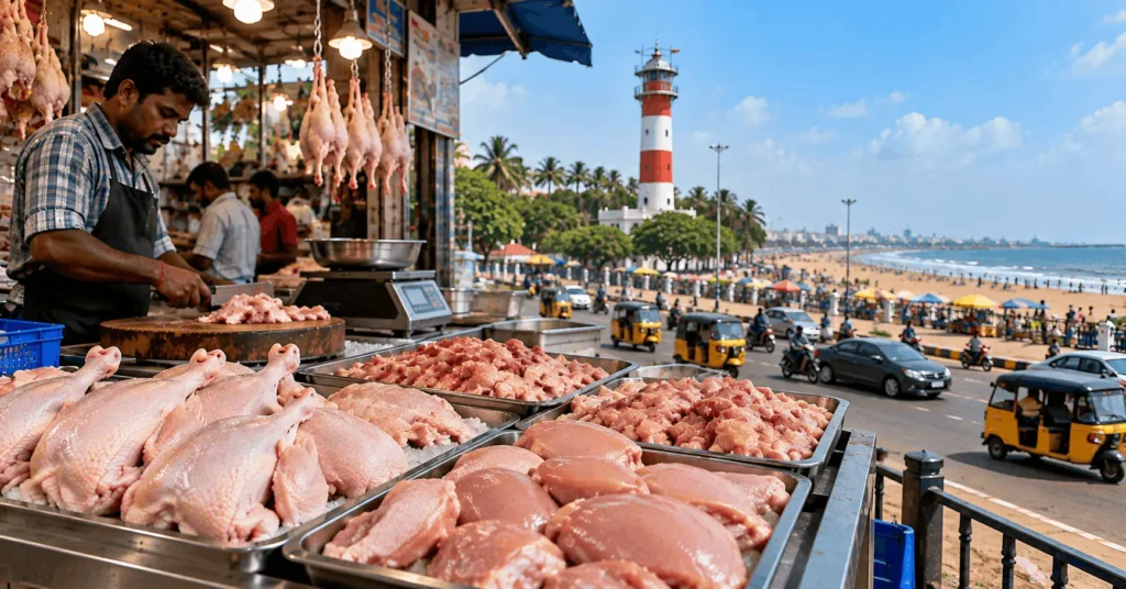 Fresh chicken at a Chennai poultry market with the Chennai Lighthouse and coastal road in the background