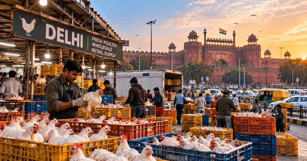 Delhi poultry wholesale market with live chickens in transport crates and the Red Fort in the background