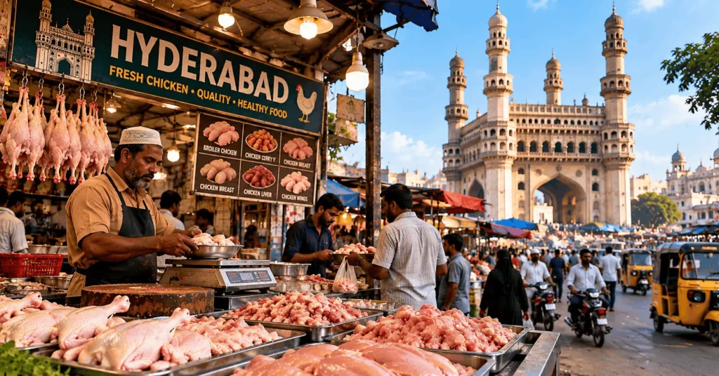 Hyderabad chicken market with fresh poultry displays and Charminar in the background