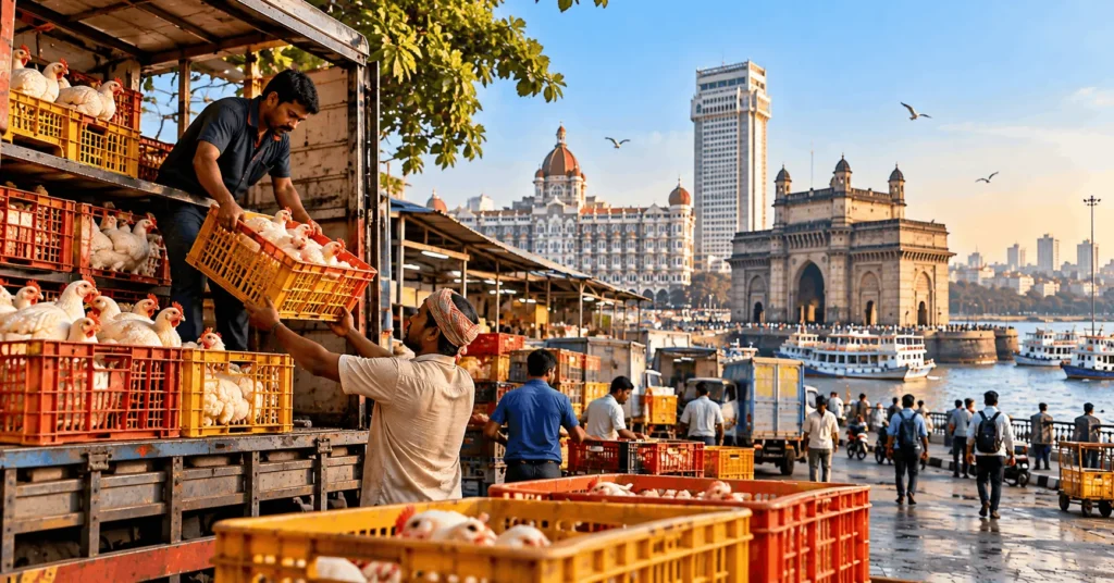 Workers loading live broiler chickens into transport crates at a Mumbai poultry market near the waterfront