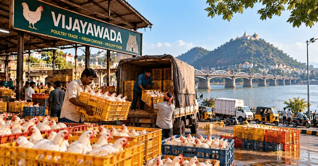 Live broiler chickens in transport crates at a Vijayawada poultry market near the Krishna River and city bridge